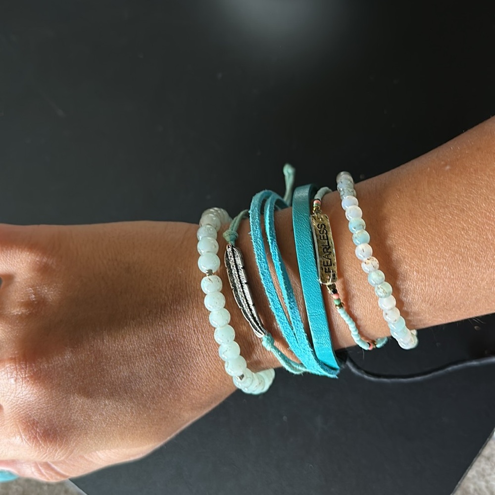 Teal/turquoise bracelets. Beaded, charms, stackable, layers